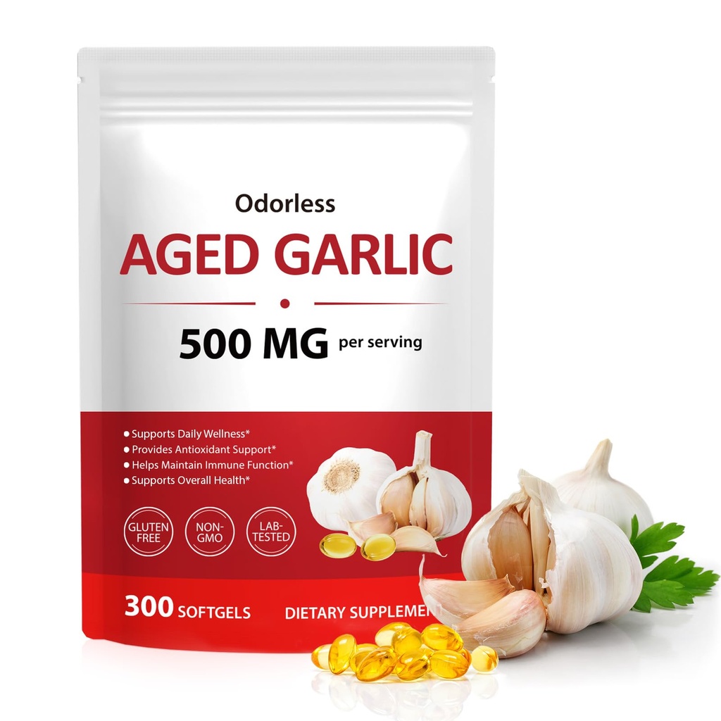 AIQIUSHA Aged Garlic Extract 500mg, 15:1 High Potency Odorless Garlic Softgels, 24-Month Aged Formula for Heart Health, Circulation & Immune Support, Non-GMO, Gluten Free, 300 Softgels