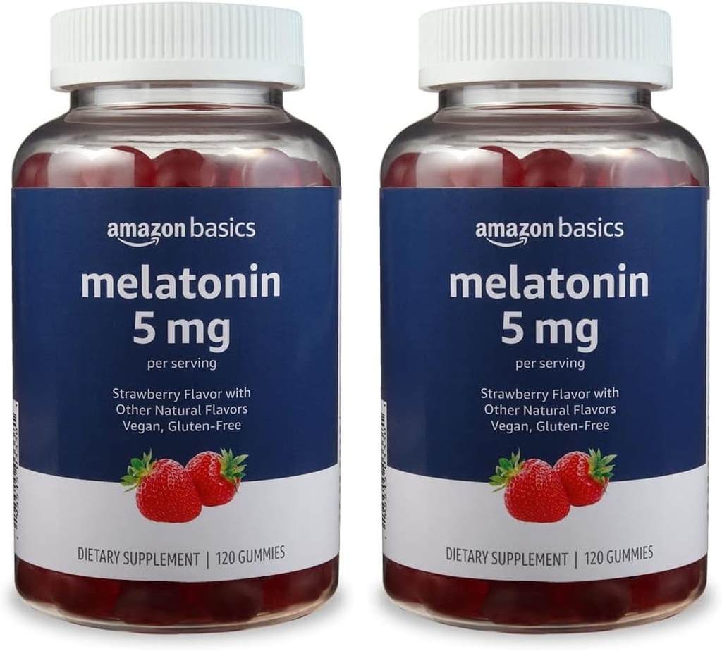 Amazon Basics Melatonin 5mg, 120 Gummies (2 per Serving), Fresa (antes Solimo) (Pack of 2)