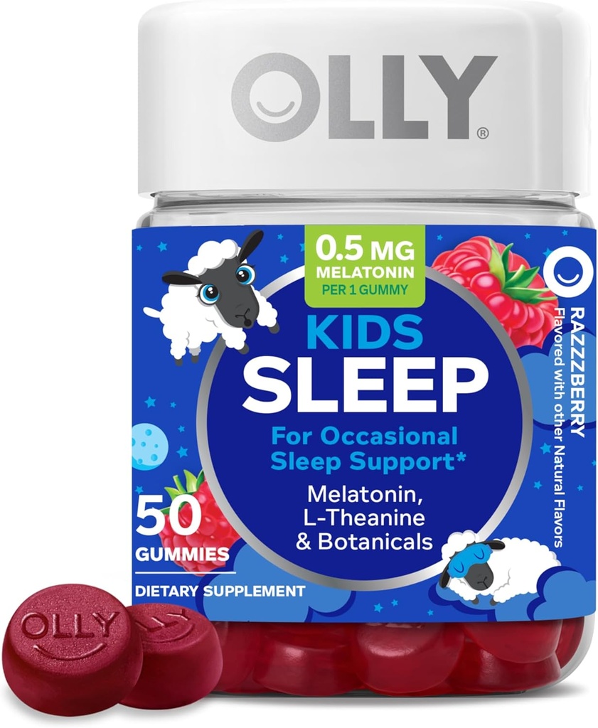 OLLY Kids Sleep Gummy, 0.5mg Melatonin, L Theanine, Chamomile, y Lemon Balm, Childrens Chewable Supplement, Raspberry - 50 Count