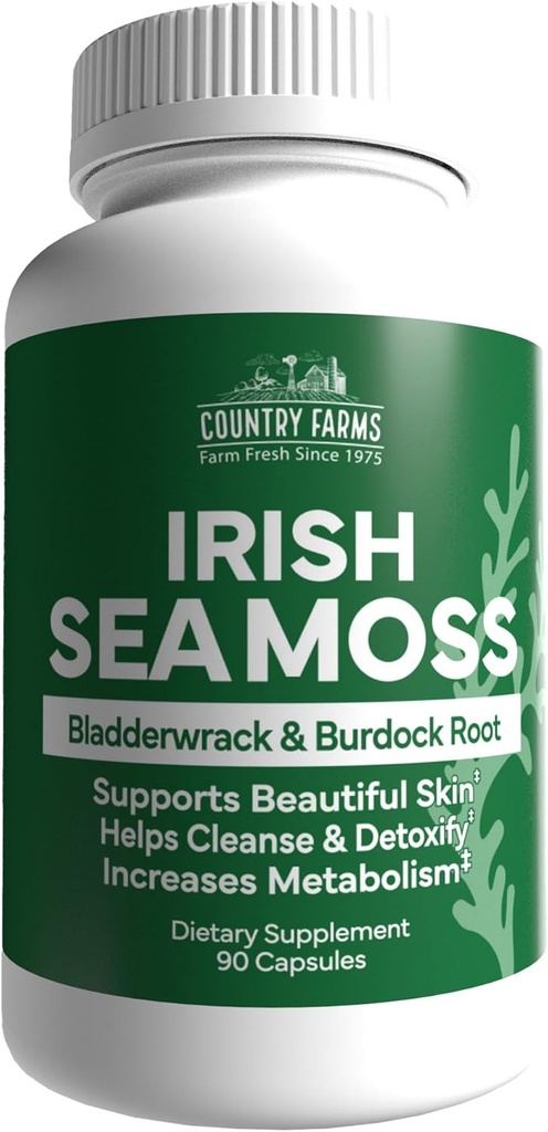 Country Farms Irish Sea Moss Capsules, apoya la hermosa piel, Immune Support, promueve sano Gut, Radiant Skin and Natural Energy Levels, Burdock Root, Irish Moss y Bladderwrack, 90 cápsulas