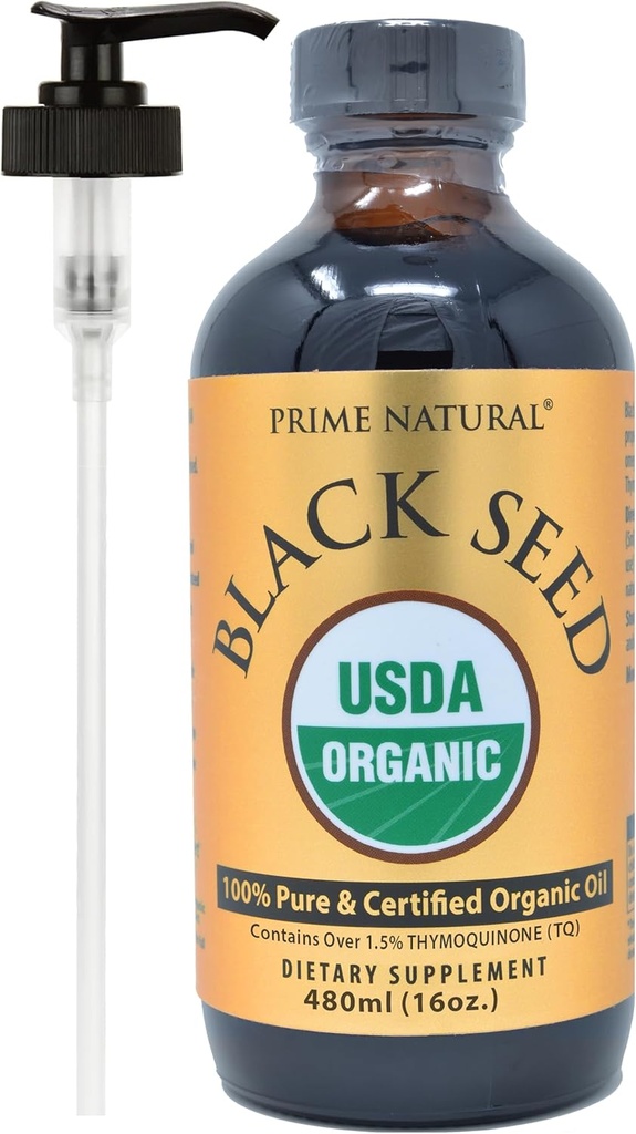 PRIME NATURAL Aceite de semilla negro orgánico 16oz - Cold Pressed Unrefined High Thymoquinone 1.7% USDA Certified - Turco Origin Potent Nigella Sativa Liquid - Vegan Omega 3 6 9, Antioxidante
