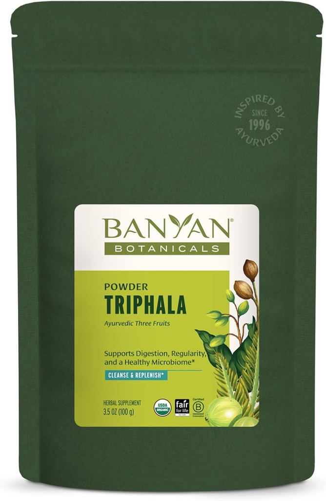 Botánicos de Banyan Triphala Powder - Suplemento de Digestión Orgánica con Amla, Haritaki & Bibhitaki - Digestión, Colon Support & Healthy Gut Microbiome* – 3.5 oz – Non-GMO Fuente sostenible Vegan