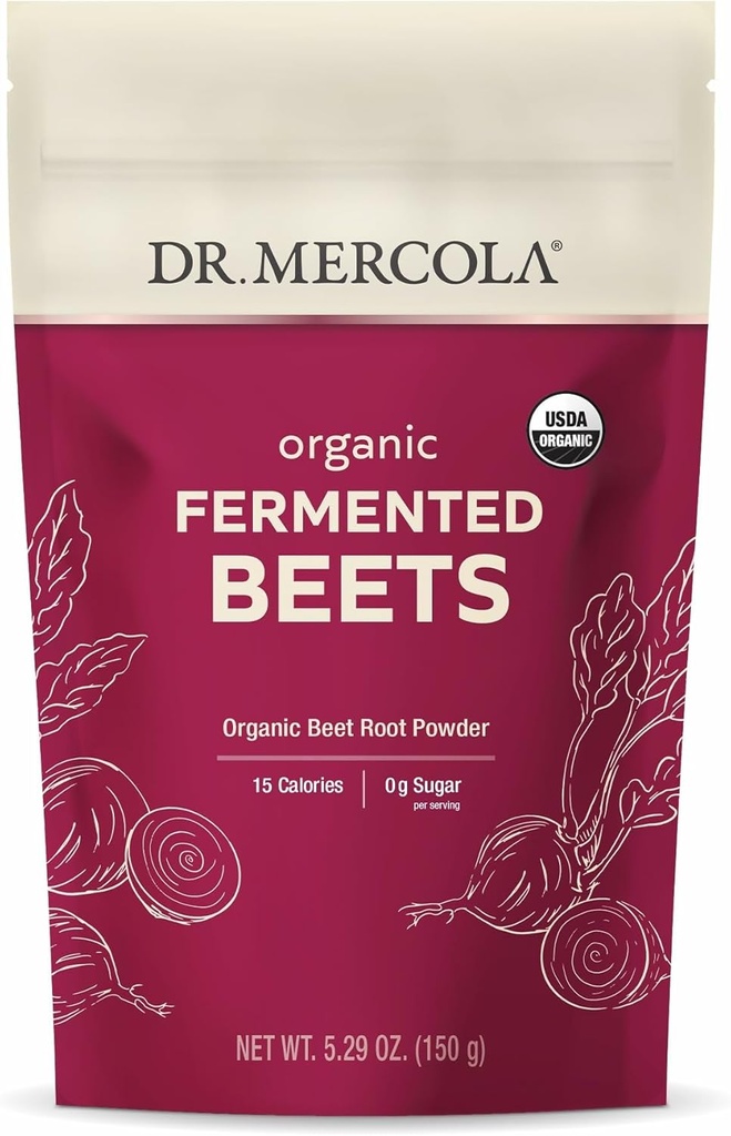 Dr. Mercola Organic Fermented Beet Powder - Powder de remolacha para apoyar la circulación, Focus " Energy - Non-GMO, libre de soja " - 30 servicios