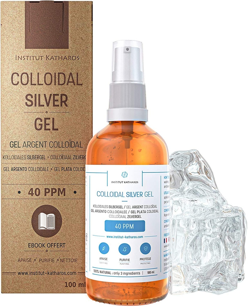 Gel de plata colloidal puro 40 PPM • 100% natural y sólo 3 ingredientes • Textura óptima y absorción (mejor que cremas) • Bomba de vidrio ámbar y ultra práctico • Ebook Incluido • Institut Katharos