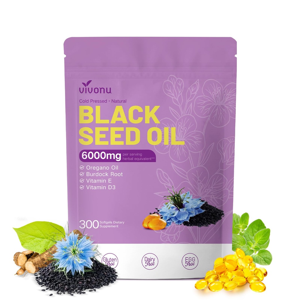 VivoNu Black Seed Oil Capsules, Black Seed Oil Organic Cold Pressed, 6000mg, 300 Count | 9-in-1 Formula with Oil of Oregano, Burdock Root, TQ & THQ, Vitamin E&D3 | Non-GMO, Immune Support