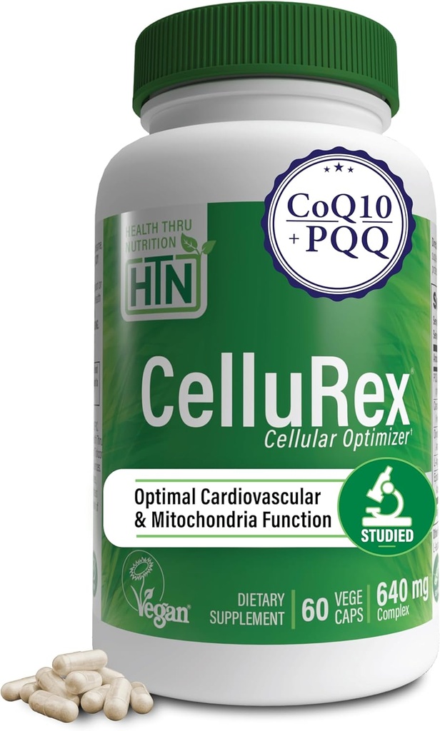 Health Thru Nutrition CoQ10 Plus PQQ y Red Spinach Ø Cellurex ← Optimizador Celular para la Circulación del Cerebro Energía y Mitocondria Función Soporte ← Certified Vegan ← Non-GMO (Pack of 60)
