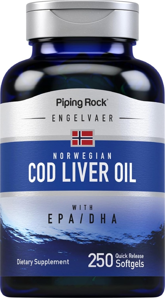 Piping Rock Cod Liver Oil Softgels tención 250 Conde Silencio con EPA DHA Silencio Engelvaer Norwegian ← Non-GMO, Gluten Free Supplement