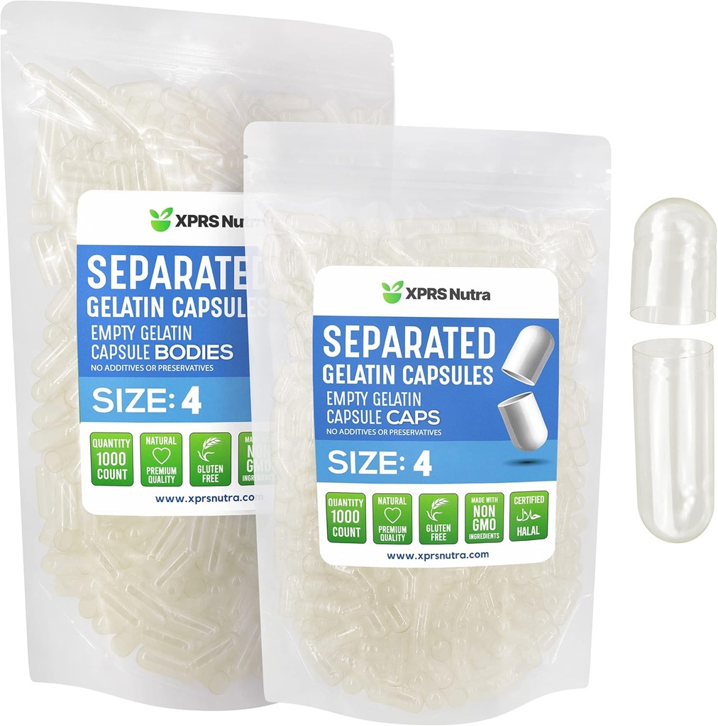 XPRS Nutra Gelatin Tamaño 4 cápsulas separadas - 1000 conteos transparentes pequeñas cápsulas vacías separadas en bolsas - DIY Cápsulas de píldoras ajustables - Tamaño 4 Gel Do-It-youself Vitamina y suplemento relleno