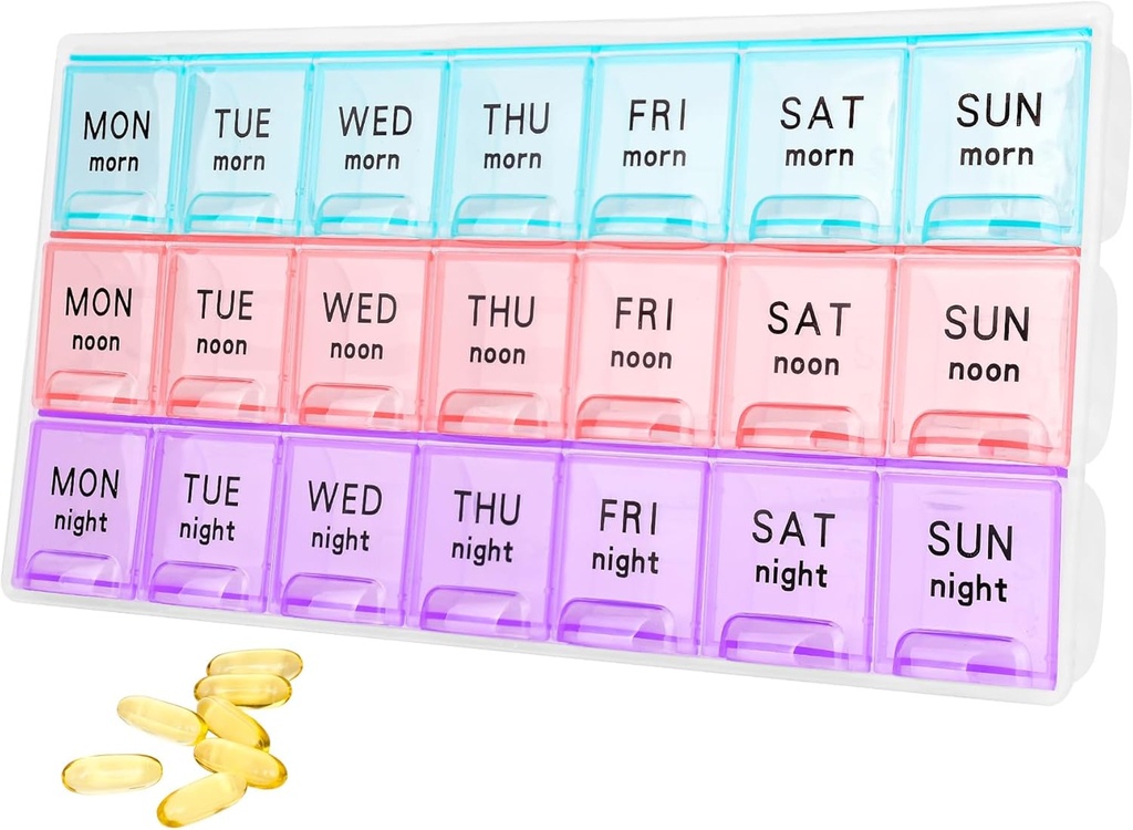 Gran organizador semanal de píldoras 3 veces al día, cajas de píldoras de viaje ,Moisture-Proof 7 día píldora Contaner, organizador de píldoras medicinales, portátil para píldoras suplementos de aceite de vitamina pescado