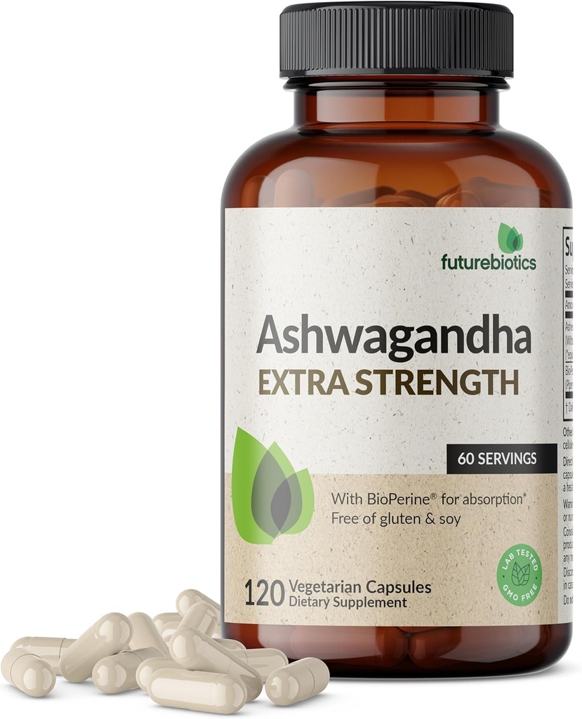 Futuros bióticos Ashwagandha Extra Strength Stress & Mood Support with BioPerine - Non GMO Formula, 120 Vegetarian Capsules