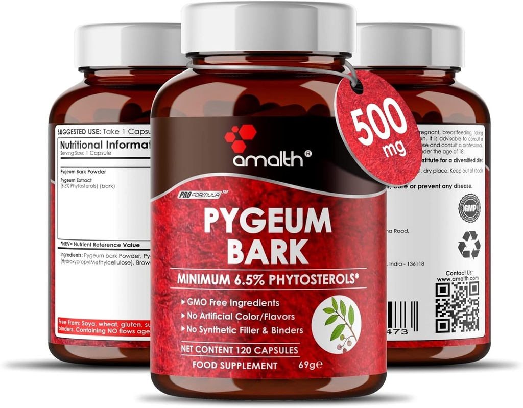 Amalth Pygeum Bark Extracto Powder Potency Superior (6,5% phytosterols) Soporta Tract urinario & Prostate Health Men Herbal Suplementos 120 cápsulas (Non –GMO)