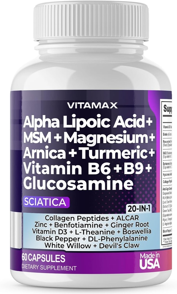 Sciatic Nerve Health Support - Sciatic Nerve Supplement Capsules with Folic Acid, Pea, Glucosamine, MSM, Vitamin B Complex, Alpha Lipoic Acid 300mg – 60ct – Made in USA