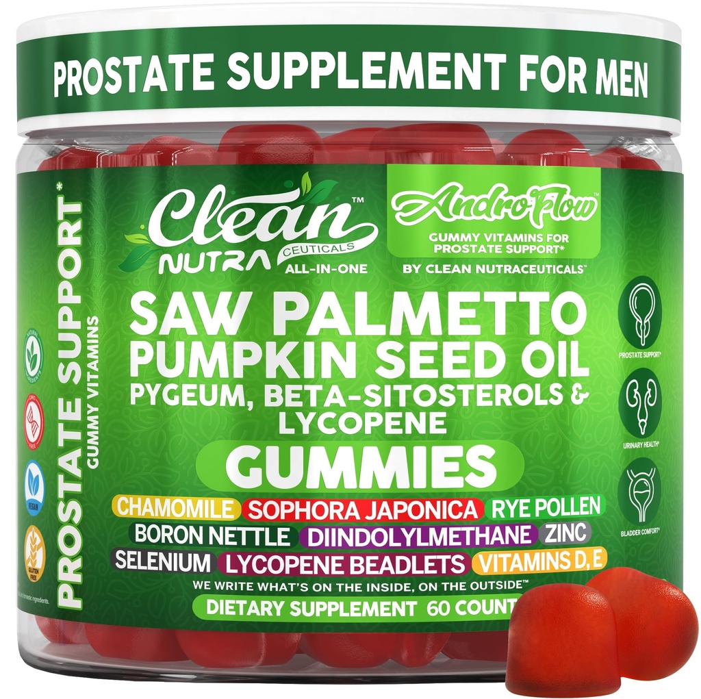 AndroFlow Saw Palmetto and Pumpkin Seed Oil Prostate Health Supplements for Men Pygeum Beta Sitosterol Lycopene Boron Zinc Selenium DIM Stinging Nettle Vitamin D, 60 Gummy Supplements By Clean Nutra