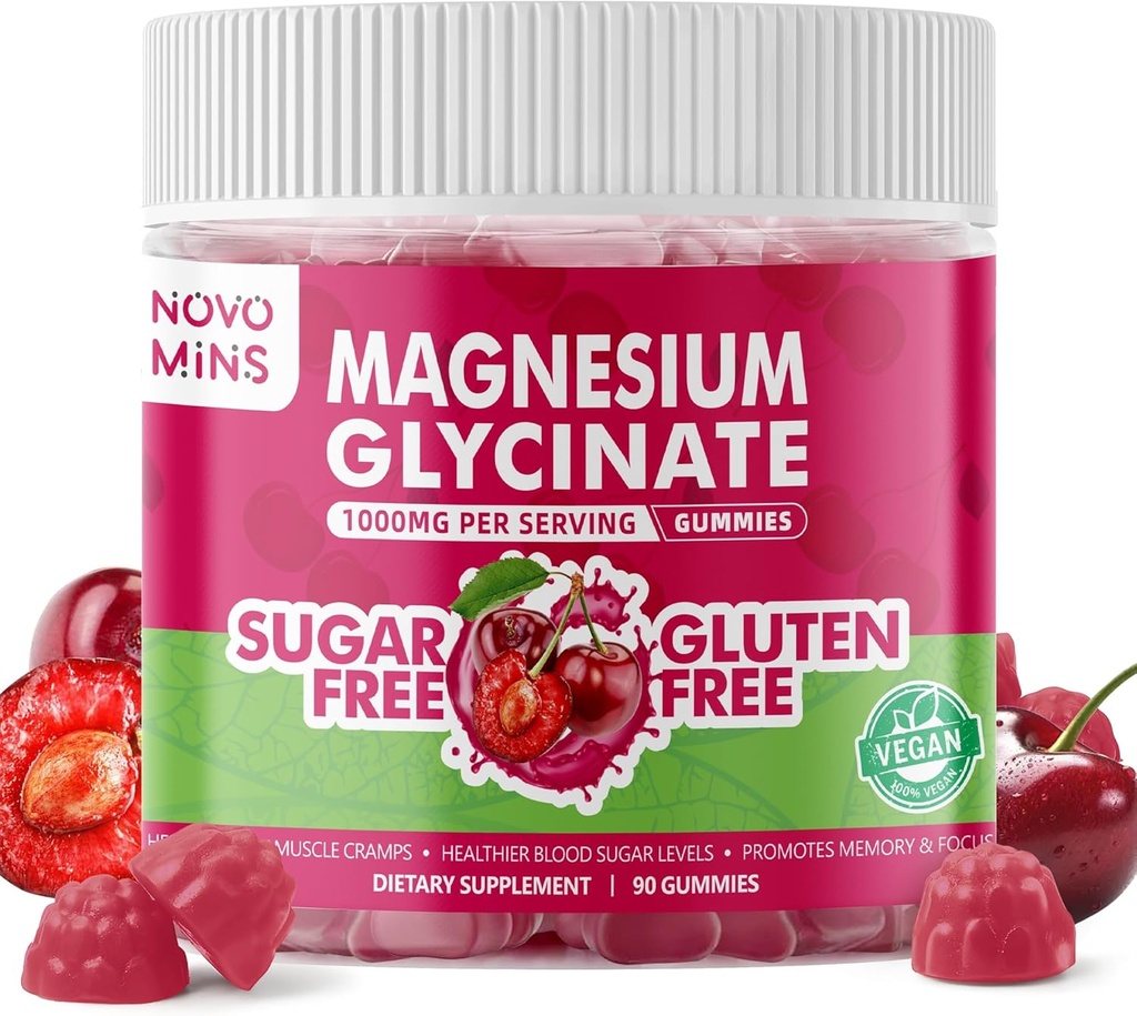 90 TC Magnesio Glycinate Gummies 1000mg - Suplemento de Potasio de Magnesio Libre de Azúcar con Vitamina D, B6, CoQ10 para calma Mood & Sleep Support - 90 Gummies de cereza.