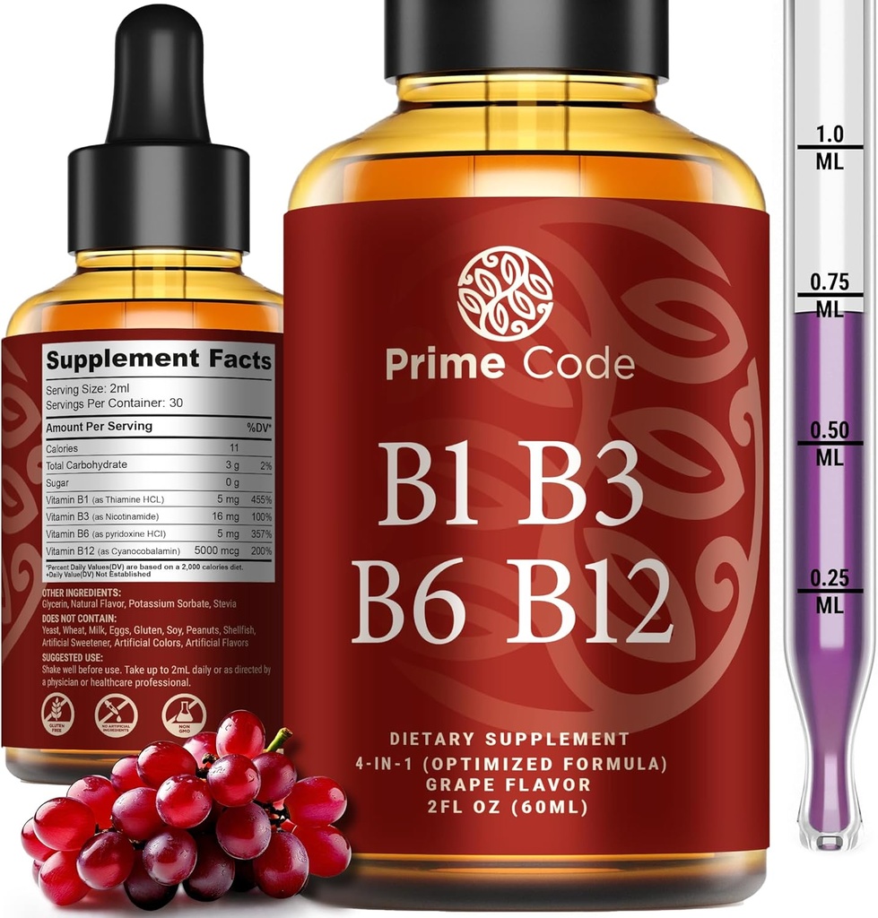 Prime Code Liquid Vitamina B1 gotas con vitamina B3 B6 & B12 Suplemento líquido Silencioso Suplemento de la tiamina para adultos que viven en la alta absorción Silencioso Apoyo inmunitario Silencioso