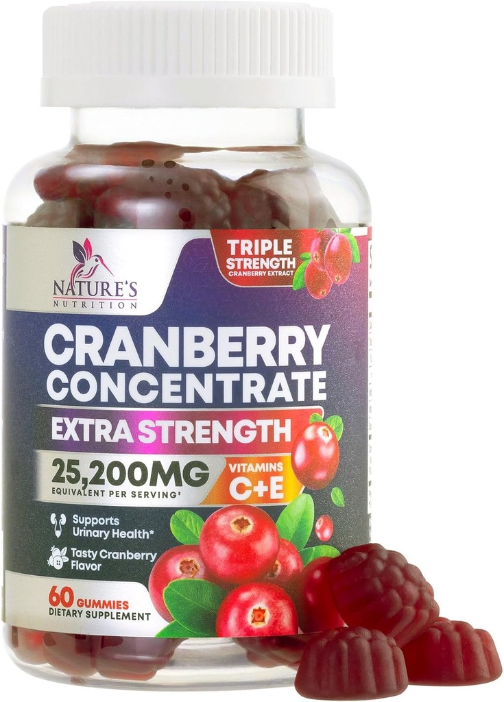 Cranberry Gummies 50:1 Cranberry Extract - Urinary Tract Support Made with 25,000mg, Helps Cleanse & Protect, Cran Berry Gummy Suplemento + Vitamina C, Chewable Cran Pills for Women - 60 Gummies