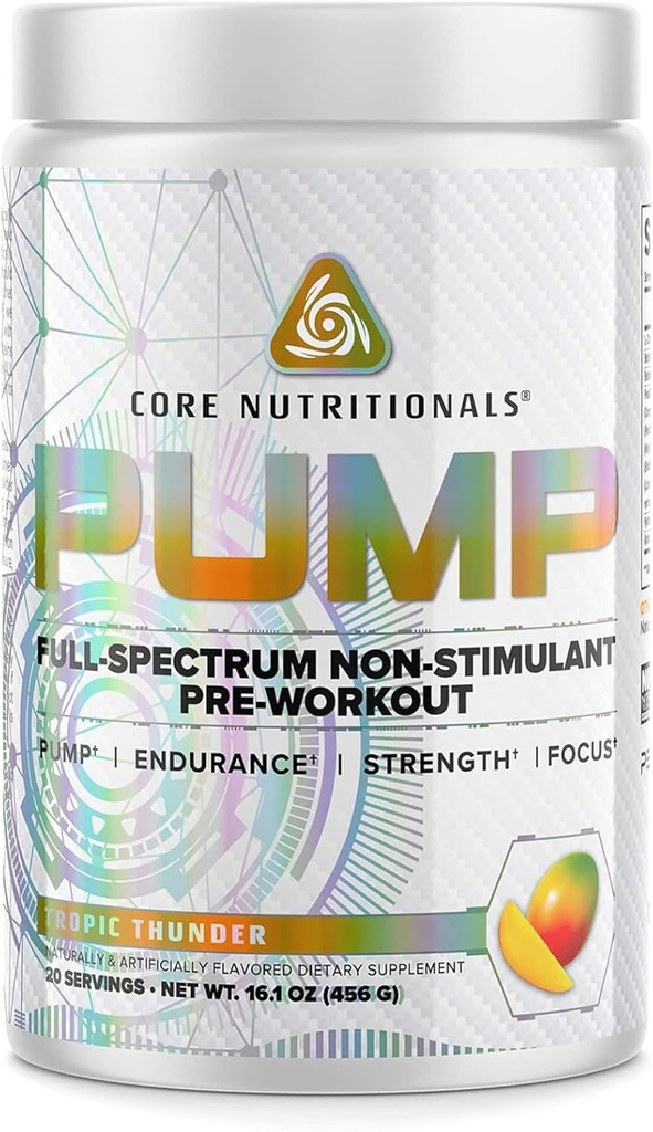 Nutrición básica Pump Full-Spectrum Non-Stimulant Pre-Workout, con N03T Nitrate, Peak02, Alpha GPC, para Maximum Pump, Strength y Performance 20 Servings (Tropic Thunder)
