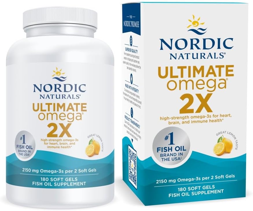 [BRSWYCYZAEOQEH3B] Nordic Naturals Ultimate Omega 2X, Lemon Flavor - 180 geles blandos - 2150 mg Omega-3 - Aceite de pescado de alta potencia con EPA & DHA - promueve la salud del cerebro y el corazón - No GMO - 90 Servimientos