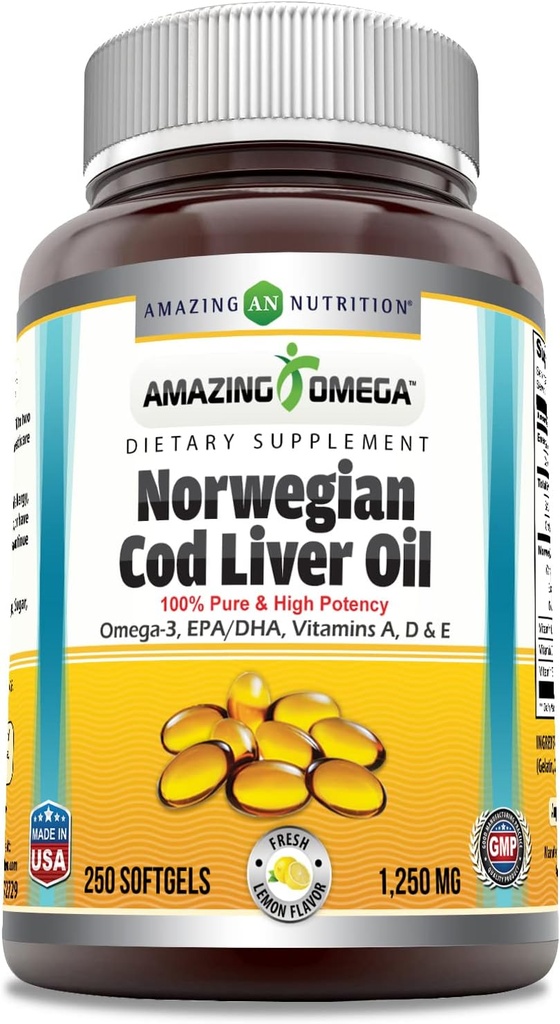 Increíble Omega Norwegian Cod Liver Oil 1250 Mg Softgels Suplemento Ø Omega-3, EPA, DHA, Vitamina A, Vitamina D & Vitamina E (Límon TEN 250 Conteo)