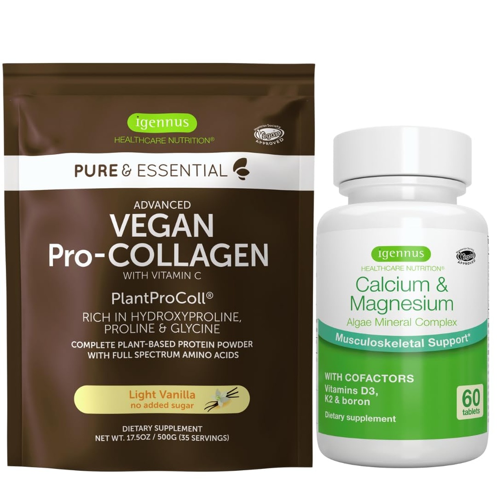 Vegan Vanilla Collagen Protein Powder + Calcium & Magnesium Complex Bundle, Comprehensive Bone Support, by Igennus