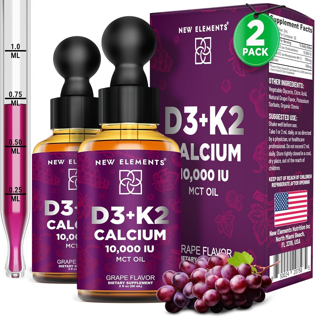 [2 Pack] Vitamina Líquida D3 K2 gotas con Calcio para Adultos Silencio Vitamina D3 10,000 UI Silencio D3 K2 con Calcio para la Salud Bone & Inmunity Support ← Salud Conjunta Suplemento No.
