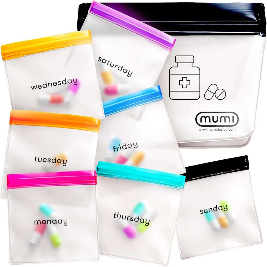Mumi Pill Pouch Set, Travel Pill Organizer 7 Mini Zipper Pouches for Pills, Small Pill Bags, Reusable Pill Pouches for Medicine Travel, Pocket Pill Organizer, Purse Accessories, Vitamin Organizer