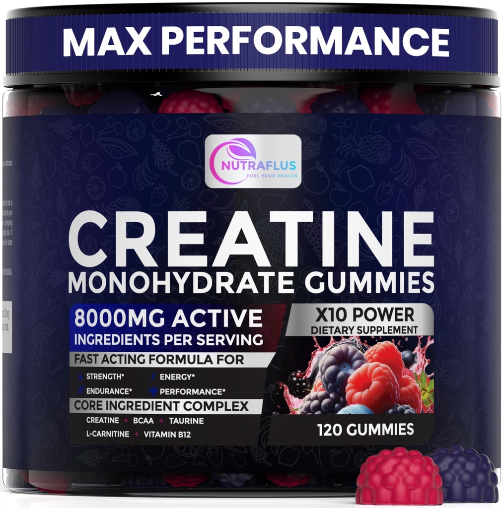 Creatine Monohydrate Gummies – Berry Flavored Creatine Supplements for Women and Men – 120Pcs Pre Workout Gummies with BCAA, Taurine, Vitamin B12 - Promote Energy Boost, Performance