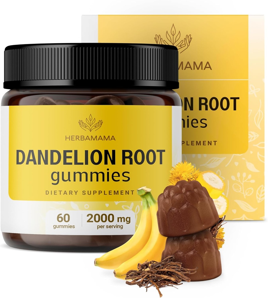 HERBAMAMA Dandelion Root Gummies - 2000mg Dandelion Herb for Liver and Kidney Cleanse Support - Vegan, Non-GMO Suplemento de soporte para hígado - 60 Pectin-Based Banana-Flavored Chews