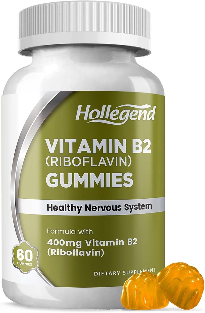 Vitamina B2 Gummies Riboflavin 400mg, B2 Suplemento de Chewable Vitamina, Vegan, No GMO, Orange Flavor, 60 Cuenta