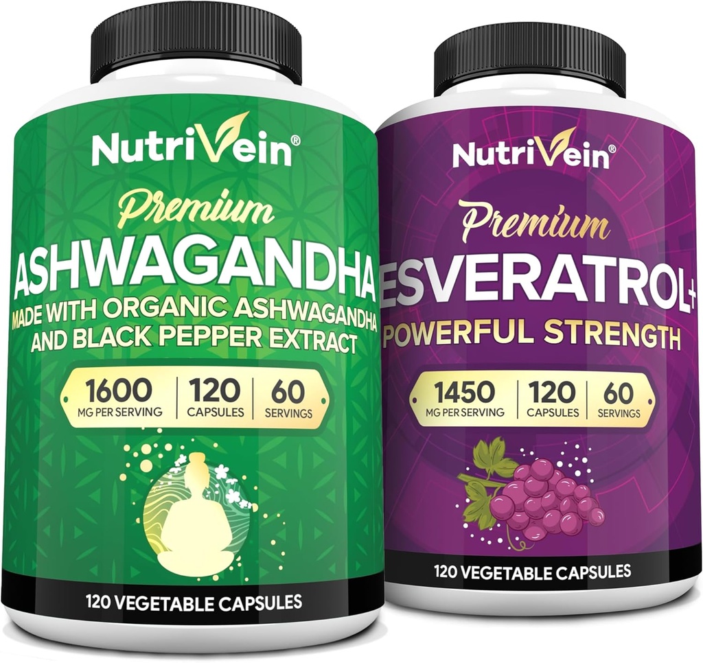Nutrivein Premium Ashwagandha Capsules " Resveratrol Suplemento Bundle: Capsules de Resveratrol de Alta Absorción y Suplementos de Ashwagandha para Balance, Vitalidad, " Reparación