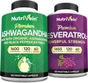 Nutrivein Premium Ashwagandha Capsules " Resveratrol Suplemento Bundle: Capsules de Resveratrol de Alta Absorción y Suplementos de Ashwagandha para Balance, Vitalidad, " Reparación