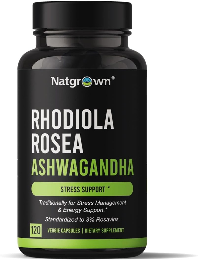 Natgrown Rhodiola Rosea con Ashwagandha Extracto de raíz cápsulas - Estándarizado a 3% Rosavins y 1% Salidroside - 120 Conde