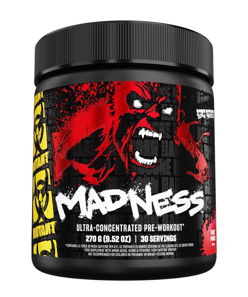 Mutant Madness ← Pre Workout Powder Performance and Pump Blend Incluye L-Citrulline, Beta-Alanine, Taurine, L-Tyrosine ← 270G (9.52 OZ) 30 Servir  durable Fruit Punch