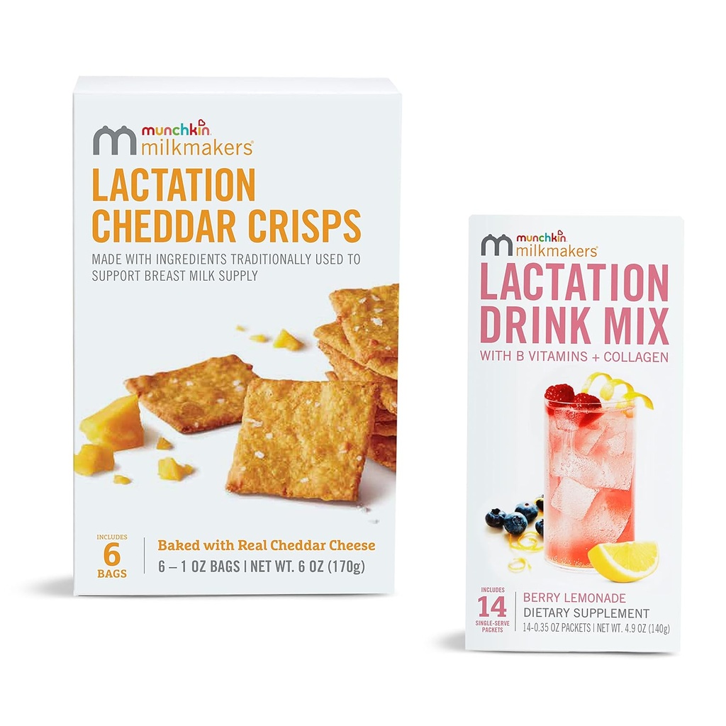 Munchkin® Milkmakers® Lactation Drink Mix Supplement with B Vitamin & Milk Thistle, 14 Count and Lactation Cheddar Crisps for Breastfeeding Moms with Oats and Flax, 6 Count