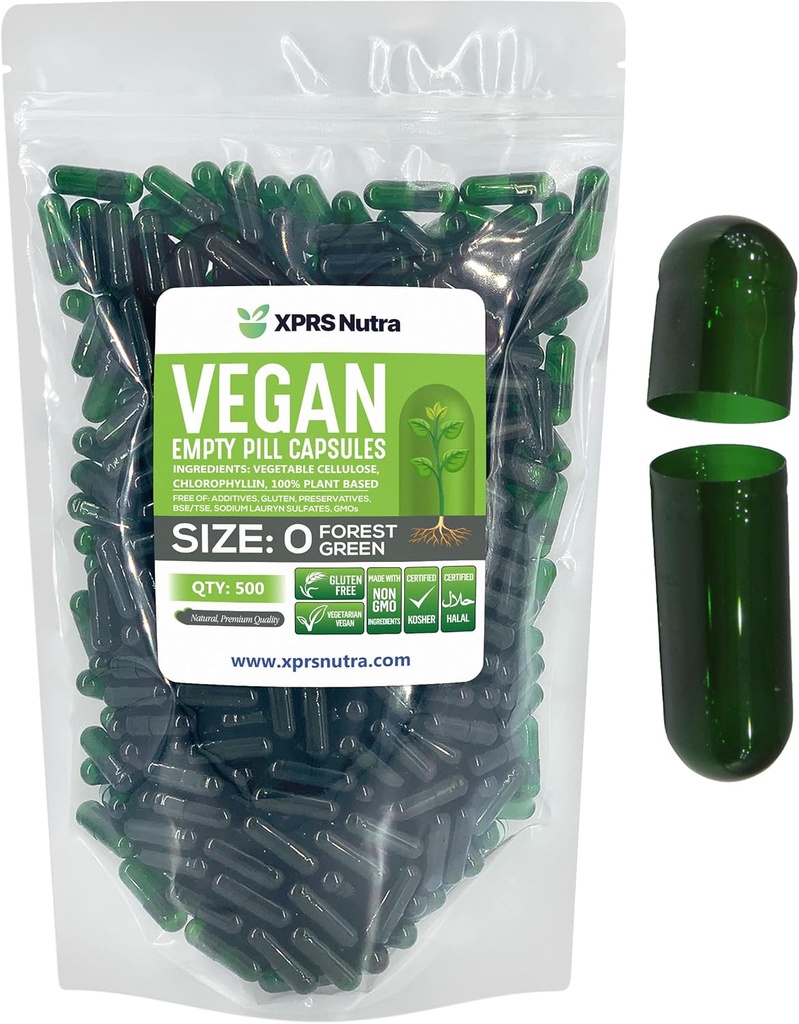 XPRS Nutra Size 0 Empty Capsules - 500 Count Empty Vegan Capsules - Vegetarian Pills - DIY Relleno de cápsulas vegetales - Cápsulas de píldoras vegetarianas para suplementos de Do-It-youself (ver más verde)