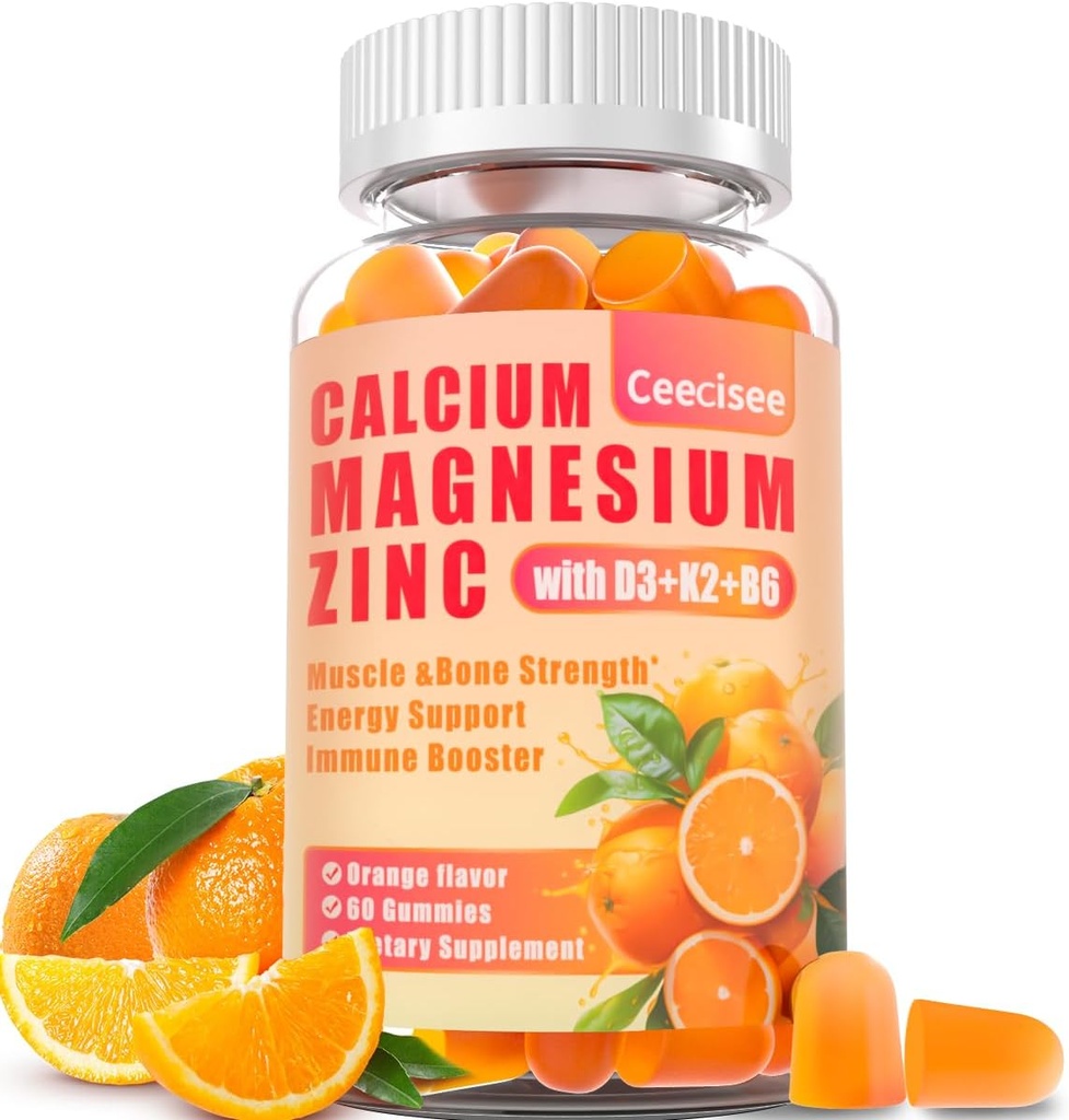 Calcio Magnesio Zinc Gummies con D3 &B6 &K2, 1000 mg de Calcio Gummies con 300 mg de Magnesio Apoyo Energía Inmunitaria para Adultos y Adolescentes,Sugar Gratis(60 Conteo)