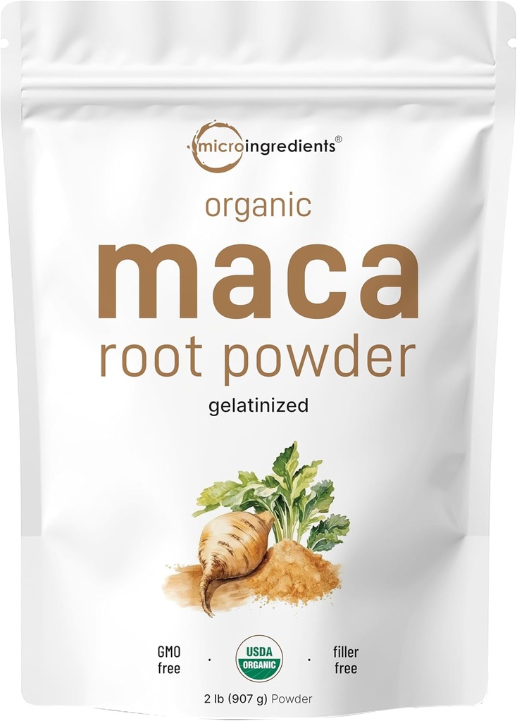 Polvo de raíz de Maca orgánica, 2 libras, Gelatinized for Better Absorption, Rich in Antioxidants, Help Energy, Stamina, Endurance, Strength and Immune System, No GMOs, Vegan Friendly and Peru Origin