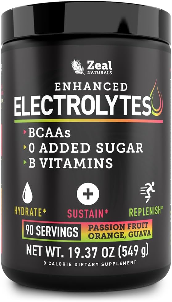 Enhanced Electrolyte Powder (Passion Fruit Orange Guava tención 90ct.) w/ 0 Sugar +BCAAs +B-Vitamins Suplemento electrolito w Potasio Zinc & Magnesio para la hidratación - Keto Electrolitos