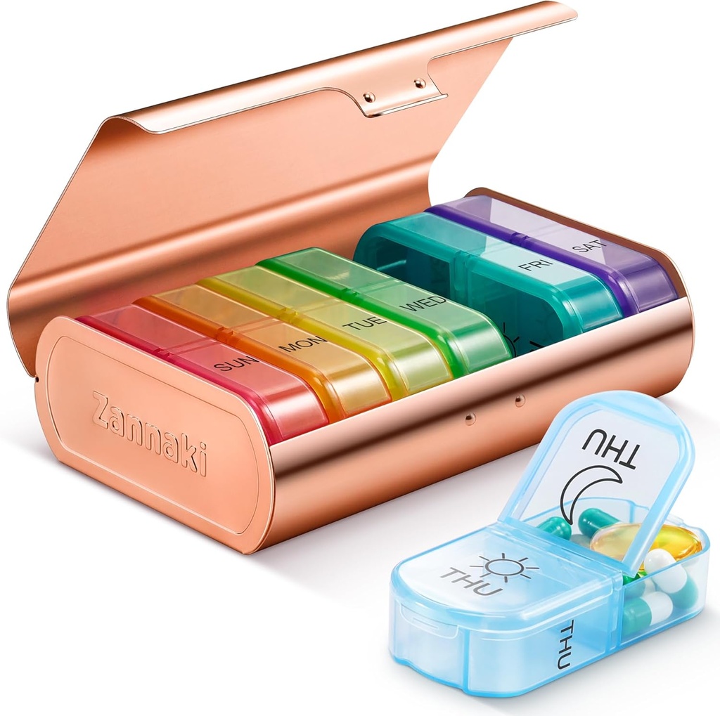 Zannaki Metal XL Organizador semanal de píldoras 2 veces al día, gran caja de píldoras diarias de viaje 7 días, semana portátil contenedor de dos veces, AM PM Caso de píldora para la medicina Suplemento de vitaminas, oro