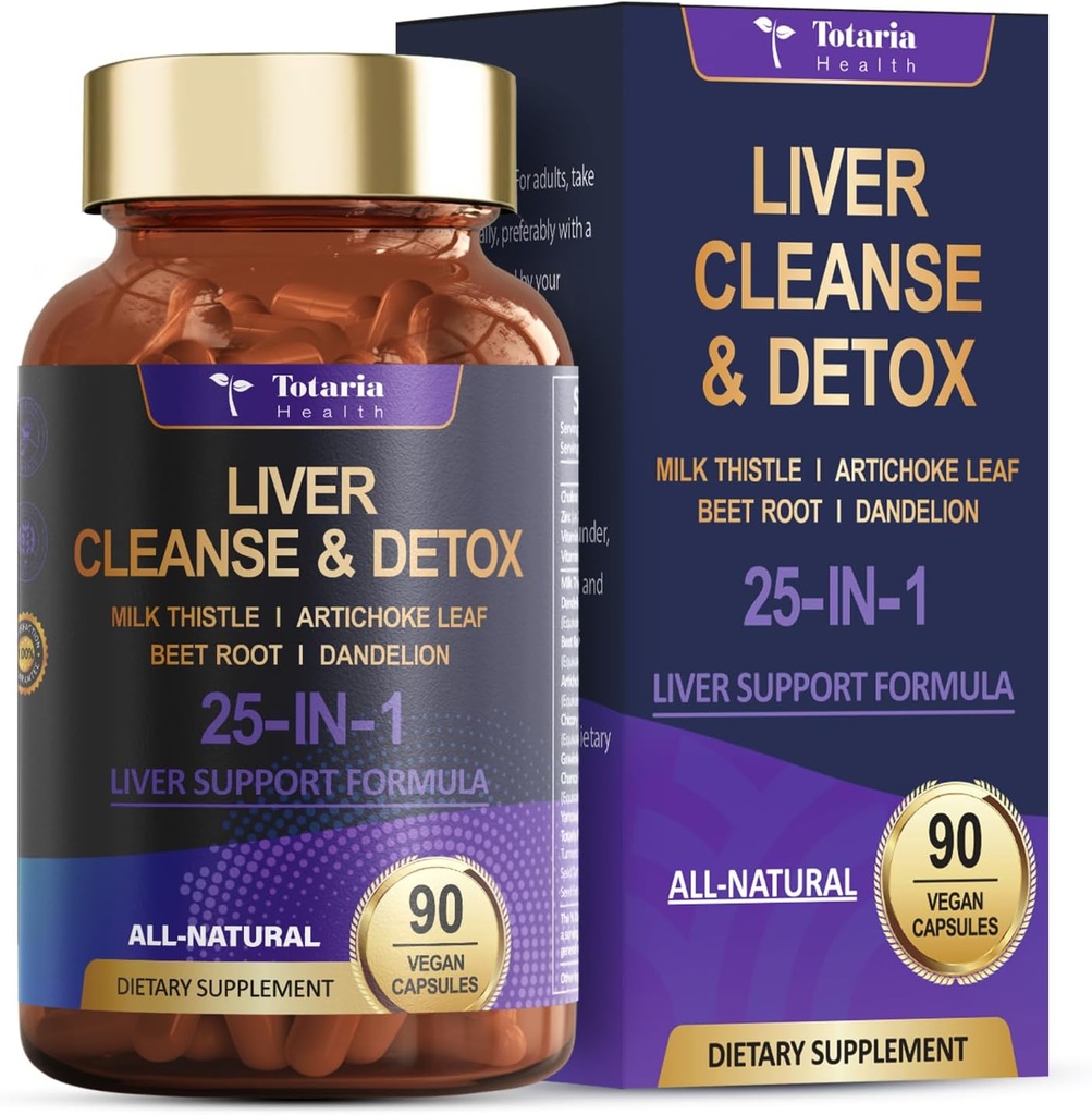 [BRSRAGQ7AUNWGFDV] Detox de limpieza de hígado & Reparación 25-in-1 con cardo de leche, raíz de dandelion, raíz de remo, extracto de Artichoke para la salud del hígado Herb Apoyo Suplemento Vitaminas Zinc, Choline 90 cápsulas Vegan