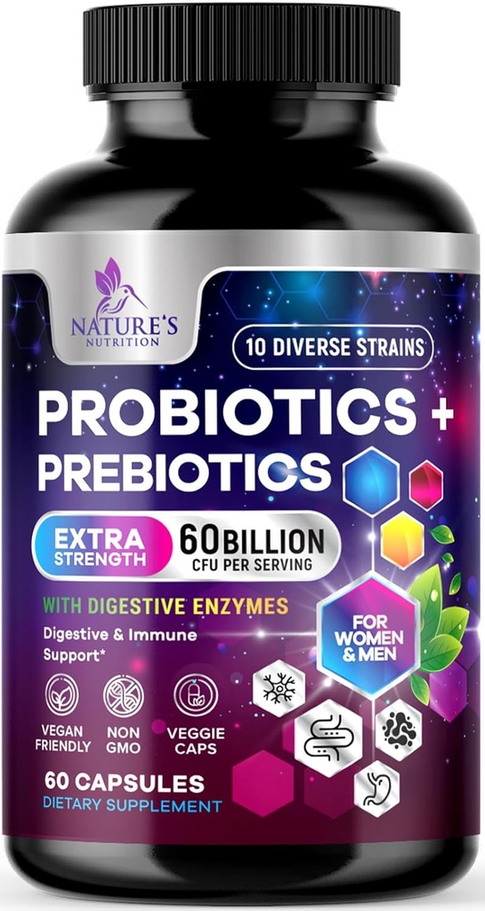 Probióticos para Mujeres y Hombres 60 Billones CFU - 10 Strains with Lactobacillus, Digestive Gut Health Probiotics & Immune Support Supplement, Supports Occasional Constipation, Gas & Bloating - 60 cápsulas