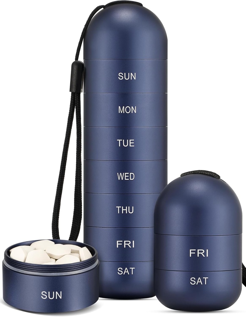 Zannaki Metal Moisture Proof Weekly Pill Organizer, Stackable Aluminum Alloy BPA Free Travel Hiking 7 Day Pill Box Fund Waterproof and Large Compartment to Hold Pills, Vitaminas, Fish Oil, Suplementos