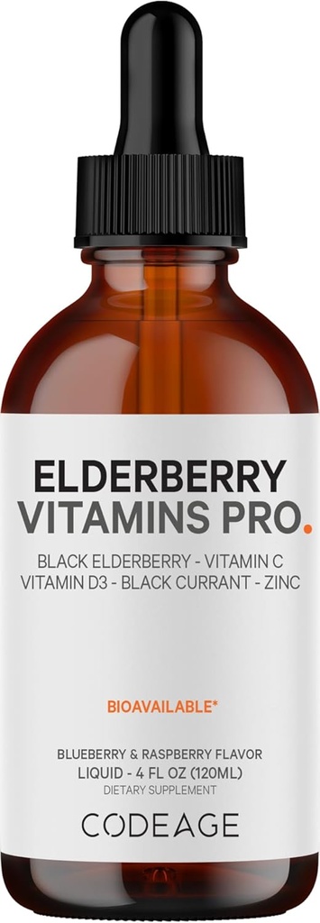 Codeage Elderberry Vitamins Pro - Organic Black Elderberry Liquid Drops - Vitamina C, D3, Zinc, Black Currant - Suministro de 2 meses - Black Sambucus Liquid - Suplemento para Adultos & Niños - 4 fl oz