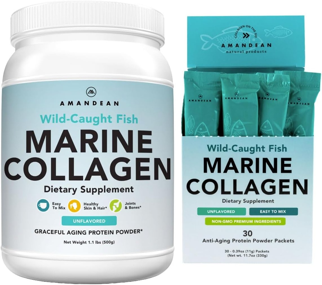 AMANDEAN Marine Collagen Duo. 500g Container + 30 Travel Packs. Péptidos de colágeno de pescado hidrolizado para la piel, pelo & uñas. Pescatario, Keto & Paleo-Friendly, Desflavorado