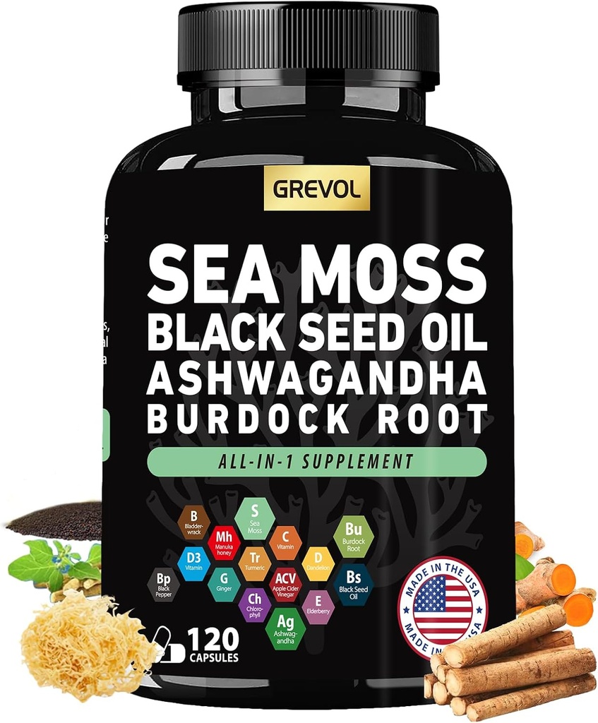Sea Moss Capsules con Ashwagandha Black Seed Oil Bladderwrack Burdock Root Turmeric & Vitamina C D3 Elderberry ACV Black Pepper - Suplemento Multimineral - 120 Conde