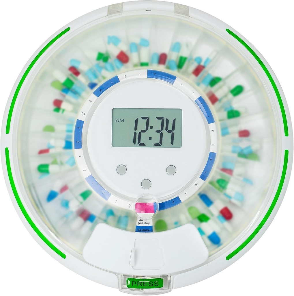 Dispensador automático de píldoras, Organizador de medicamentos de 28 días, hasta 6 dosis por día, 6 plantillas de dosis, Llave de sonido " Alertas de luz " para vitaminas, suplementos (Lid rota)