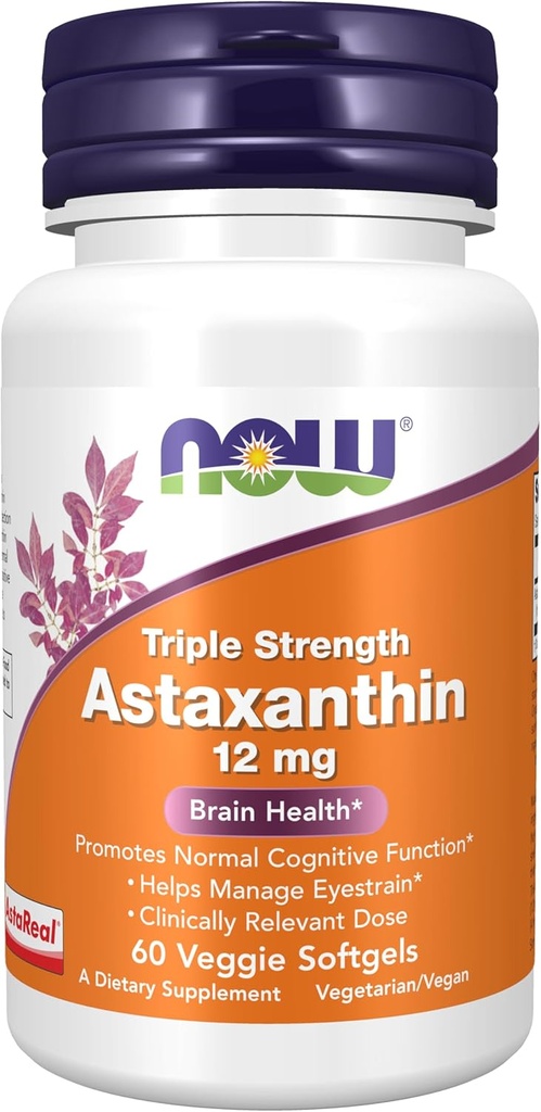 AHORA Suplementos, triple fuerza Astaxanthin 12 mg, triple fuerza, salud cerebral*, ayuda a manejar el recto del ojo*, 60 Veggie Softgels