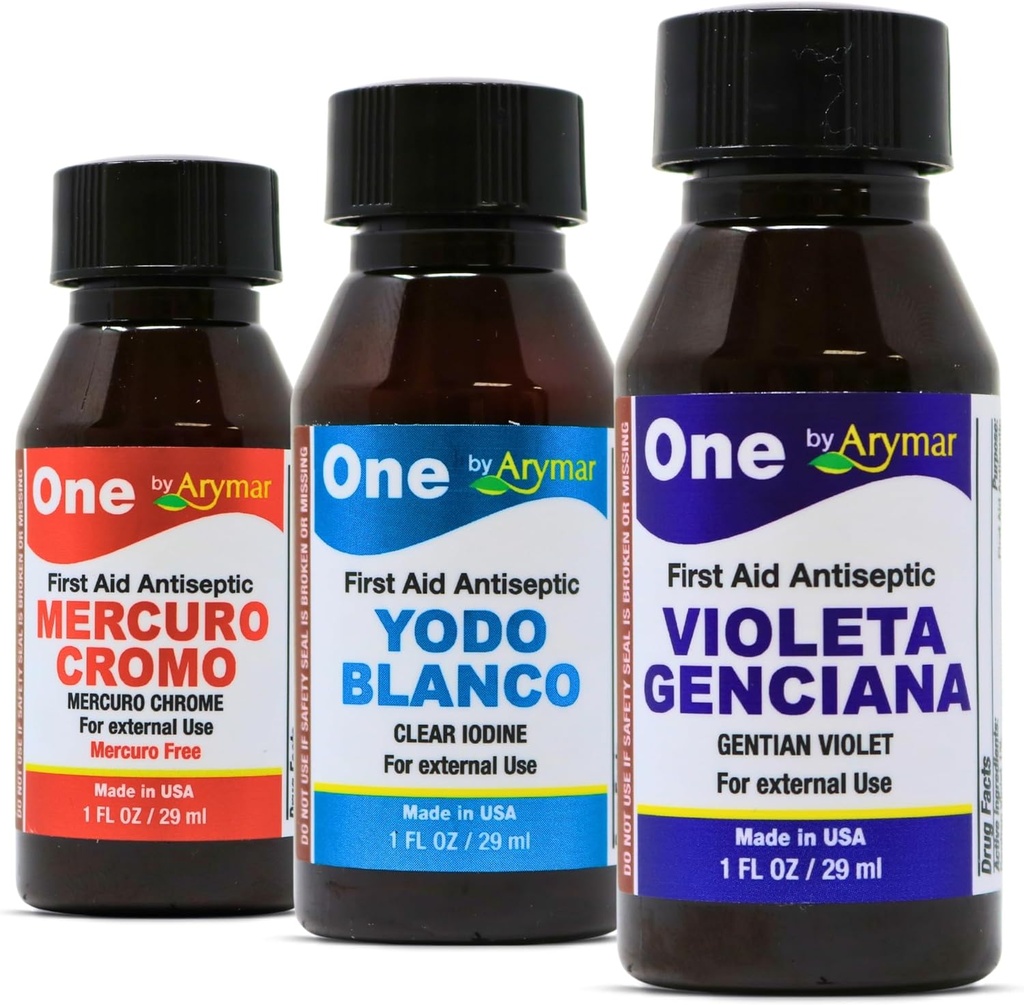 Mercuro Chromo + Gentian Violet + YODO Blanco First Aid 3-in-1 Combo, 1 fl oz Cada - Antiséptico Wound Care Kit