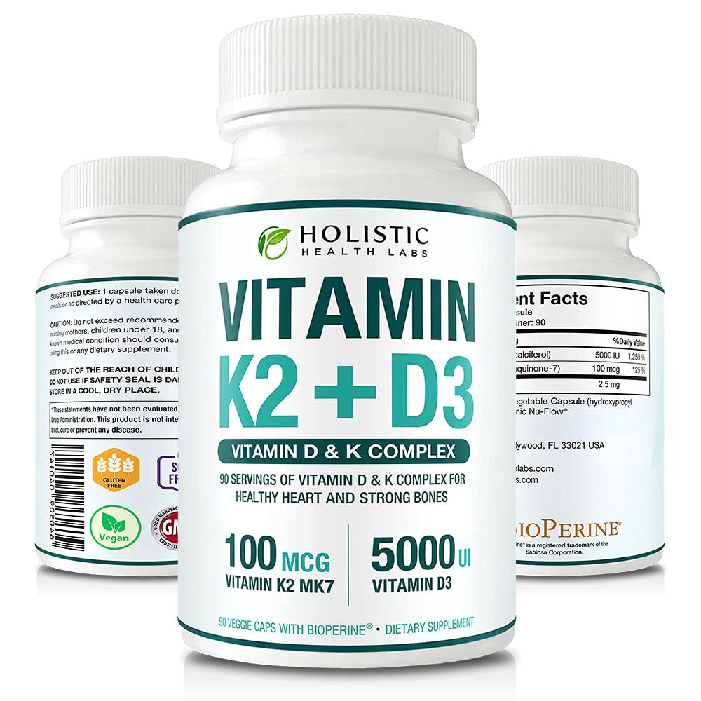 Max Absorption Vitamin K2 + D3 (5000IU) 90 cápsulas vegetales de MK-7 (Menaquinone-7) y Cholecalciferol (con BioPerine) Suministro de 3 meses – D3 con K2 para el corazón sano y los huesos fuertes confidencialidad No GMO