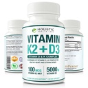Max Absorption Vitamin K2 + D3 (5000IU) 90 Veggie Capsules From MK-7 (Menaquinone-7) and Cholecalciferol (With BioPerine) 3-Months Supply – D3 with K2 For Healthy Heart and Strong Bones | Non-GMO